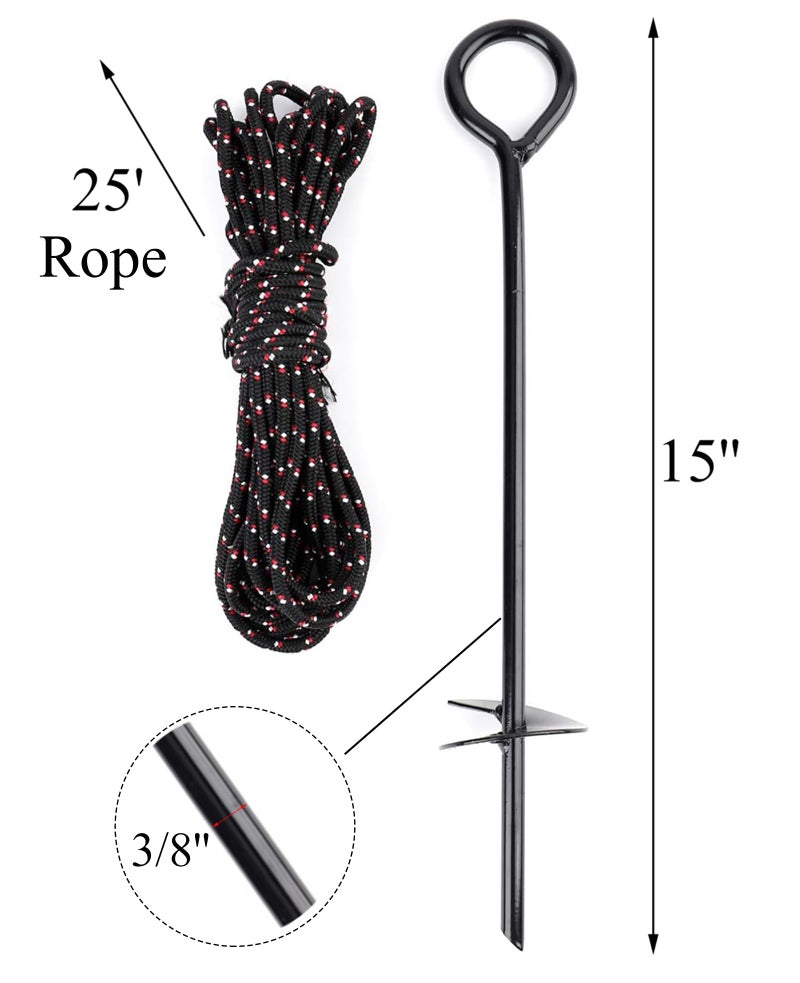 Yesland 8 Pack 15 Inch Black Ground Anchor, Reusable Heavy Duty Steel Wind Stakes, 3/8 Inch Thick in Diameter with 25 Feet of Rope - Image 2